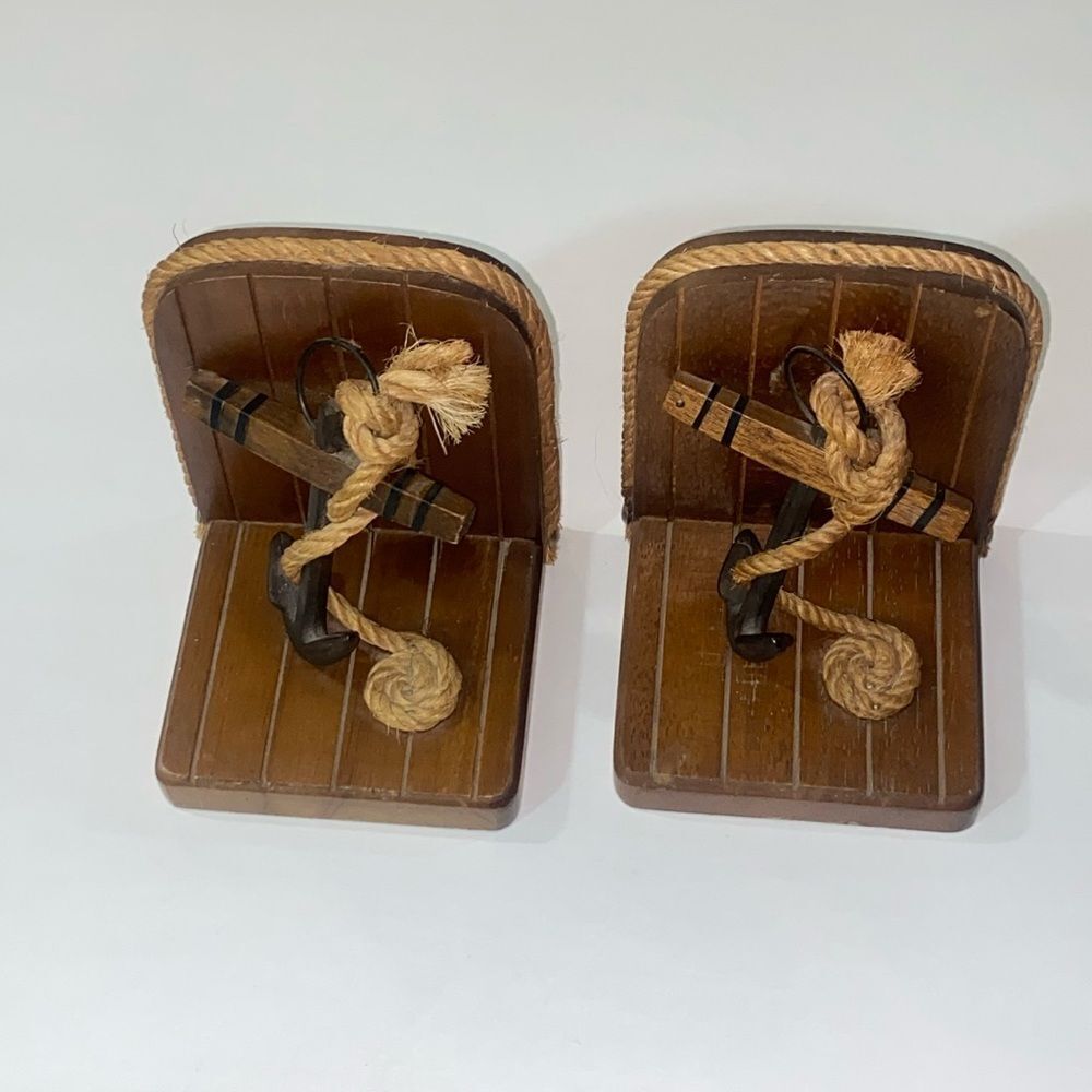 2 Vintage Anchor Wood Bookends Nautical Sailing Ships Pirate Ancle